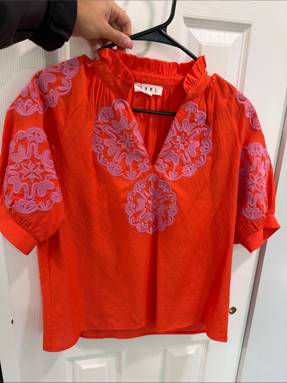THML Red Embroidered Cotton Top with Pink Accents size small